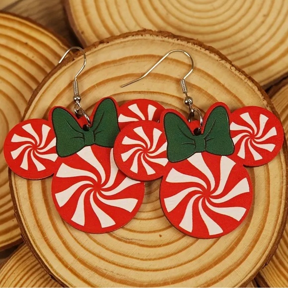 Tasha’s Boutique Jewelry - Minnie Mouse Candy Christmas Dangle Earrings Wooden Jewelry